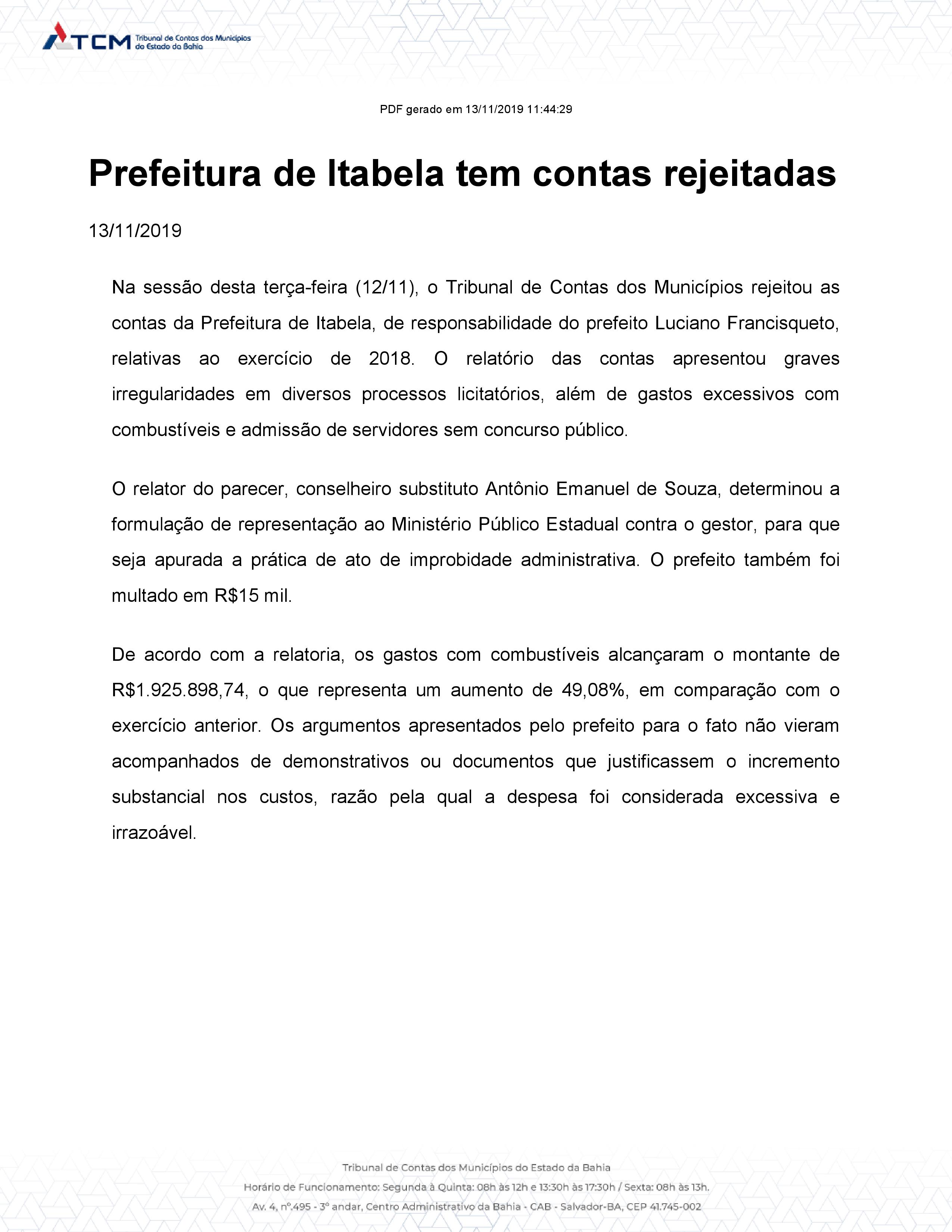 Prefeitura de Itabela tem contas rejeitadas pelo o TCM das contas de 2018 6